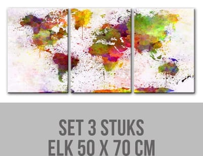 Allernieuwste Canvas Schilderij SET 3 STUKS Grafitti Wereldkaart Landkaart Aquarel - Graffiti - Kleur - 3x 50x70 cm SET