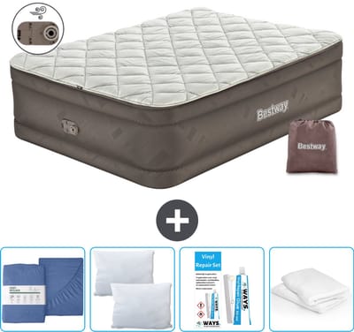 Bestway luchtbed - 2-Persoons - 152 x 203 x 51 cm - Bruin - Inclusief pomp - Hoeslaken - Kussen - Kussenbeschermer en Reparatieset