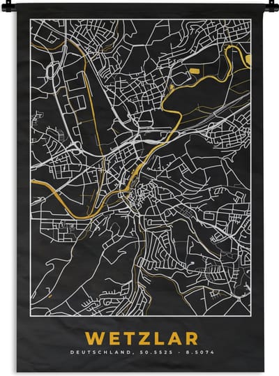 Wandkleed - Wanddoek - Wetzlar - Goud - Stadskaart - Kaart - Duitsland - Black and Gold - Plattegrond - 120x180 cm - Wandtapijt