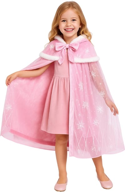 Joya Kids® | Luxe Winter Prinsessen Cape kind | Roze met witte sneeuw & glitters | IJskoningin cape met capuchon | Verkleedcape meisjes | 76 cm | Winter kostuum | Luxueuze Uitvoering
