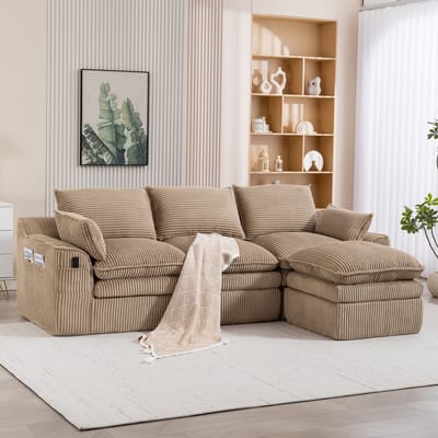 Wishdor - Modulaire Bank Met Poef - Zijvakken En 3-Laags Schuim - Voor Woonkamer Of Kantoor - Ribstof - Khaki - 263 X 167 X 85 Cm