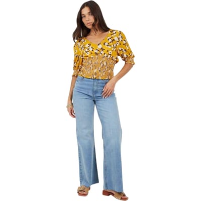 Brave Soul Damesblouse met bloemenprint, V-hals en pofmouwen (Bloemen/Geel)
