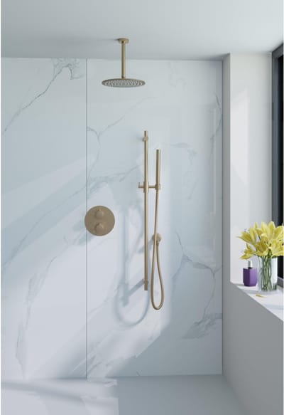 FugaFlow Eccelente Acces Inbouw Regendoucheset - rond - thermostatisch - plafondarm - glijstang - 25cm hoofddouche - staaf handdouche - Geborsteld Messing PVD (Goud)