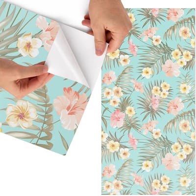Tulup Meubelfolie - Exotische flora Decoratiefolie Zelfklevend - 75x150 cm - Turkoois Meubelfolie - Plakfolie Meubels - Boho Meubelfolie - Decoratiefolie Zelfklevend - Slaapkamer decoratie - Bloemen en planten