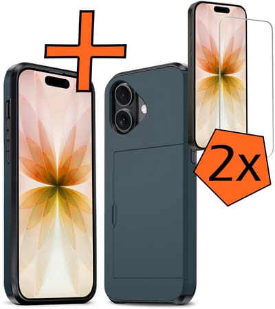 Hoesje Geschikt voor iPhone 17 Hoesje Pasjeshouder Shockproof Hard Case Met 2x Screenprotector - Hoesje Geschikt voor iPhone 17 Hoes Met Kaarthouder - Donkerblauw