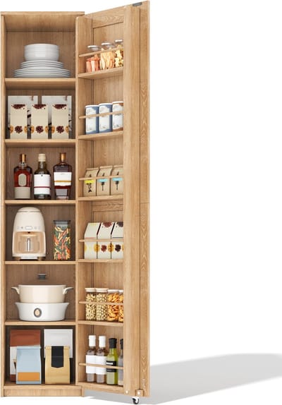 Hoge voorraadkast met deurvakken - Smalle opbergkast 40x40x183 cm - Verstelbare planken - Voor keuken, badkamer en woonkamer - Natuurlijk