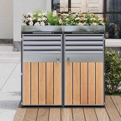 Vuilnisbakkenkast Voor 2 Containers - Met Plantenbak En Slot - Grijs