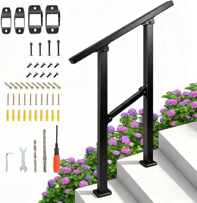Leuning voor buitentreden, treden, smeedijzer voor trappen, geschikt voor 1-2 treden, verstelbare porch-leuning, dekleuning, binnentrap, leuningkit voor concrete stappen of houten trappen