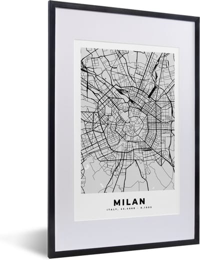 Fotolijst incl. Poster Zwart Wit- Milaan - Stadskaart - Zwart Wit - Plattegrond - Kaart - 40x60 cm - Posterlijst