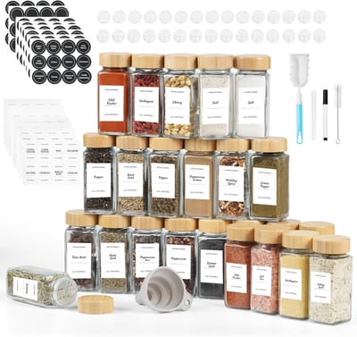 Famanu - Vierkante kruidenpot van glas, 120 ml, met houten deksel, 24 stuks, kruidenpotjes voor de keuken, trechter inbegrepen, reinigingsborstel, pen en stickers