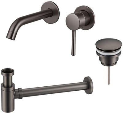 FugaFlow Eccelente Sobrado Badkamer Slim Wastafelkraanset - inbouw wastafelkraan - klikwaste plug - verlaagde design sifon - PVD Gepolijst Gunmetal