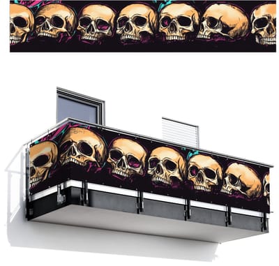 Balkonscherm 500x100 cm - Balkonposter Schedels - Graffiti - Neon - Balkon scherm decoratie - Balkonschermen - Balkondoek zonnescherm