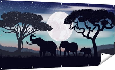 Gards Tuinposter Olifanten Silhouet tijdens Volle Maan - 180x90 cm - Tuindoek - Tuindecoratie - Wanddecoratie buiten - Tuinschilderij