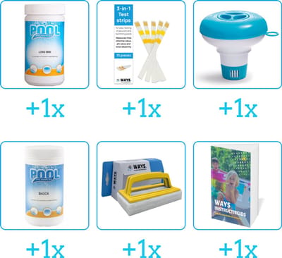 Zwembad Onderhoudspakket - Onderhoud Zwembad - bevat Chloor - Testrips - Chloordrijver - Chloor - Scrubborstel en Zwembadgids (6-delig)