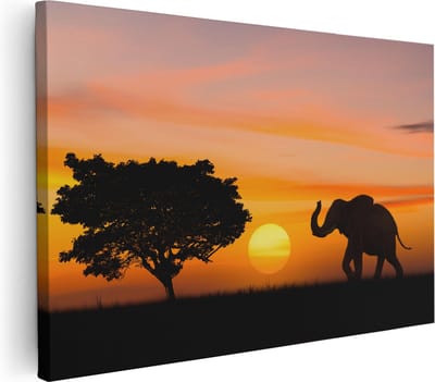 Artaza Canvas Schilderij Olifant Afrika - 30x20 cm - Klein - Wanddecoratie Dieren - Muurdecoratie Zonsondergang - Kamer Accessoires Woonkamer