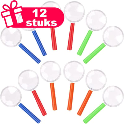 Henbrandt - 12 Stuks Vergrootglazen 11 Cm. - Mix kleuren vergrootglas - Traktatie uitdeelcadeautjes voor kinderen & peuters - Traktaties en kinderverjaardagen - Klein grabbelton speelgoed voor in traktatie uitdeelzakjes