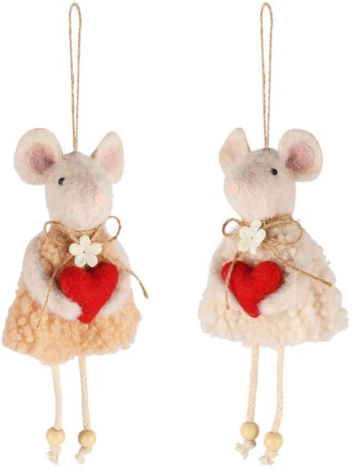 Dekoratief | Hanger muisje m/hartje, beige/rood, stof, 9x20cm, set van 2 stuks | A260076