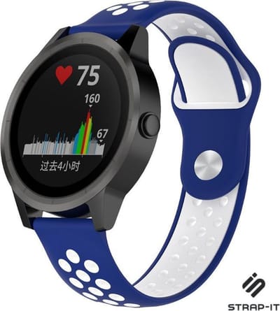 Strap-it Siliconen sport bandje - geschikt voor Garmin Vivoactive 3 / Vivoactive 5 / Venu / Venu SQ / Vivomove HR / Forerunner 245 / 570 - 42mm / 645 - blauw/wit