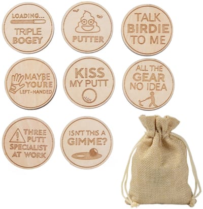 Dailygoods- Golf Markers Set van 8 - Houten - Laser Gegraveerd - Grappige Ontwerpen - Trekkoord Tas - 25 x 3 mm - Golfaccessoires