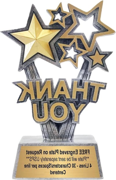 Dank u Trofee - Waarderingsprijs Sponsor - Erkenning Tonen - Gegraveerde Plaat Mogelijk - 6 Inch Hoog - Goud