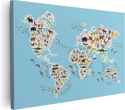 Artaza Canvas Schilderij Wereldkaart Dieren - 30x20 cm - Klein - Wanddecoratie Jongenskamer - Muurdecoratie Babykamer - Kamer Accessoires