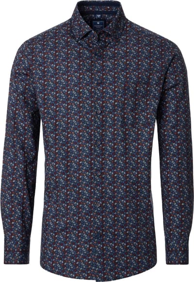 Redmond comfort fit overhemd - popeline - donkerblauw met blauw - wit oranje en rood blaadjes dessin - Strijkvriendelijk - Boordmaat: 39 - 40