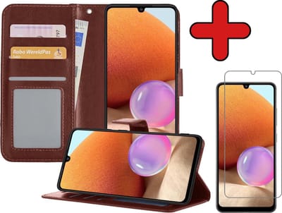 Hoesje - Met Screenprotector - Geschikt voor Samsung Galaxy A32 5G - Luxe Pasjeshouder - Flipcase - Bookcase Portemonee - Flip Case - Kunstleer Book Case - Book Cover - Walletcase - Portemonneehoes - Telefoonhoes - Bruin