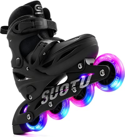 Suotu Skeelers - Inlineskates Verstelbaar - Lijn: S78 - Skeelers meisjes en jongens - Maat: EUR 32-36 - lichtgevende wielen - Zwart - M