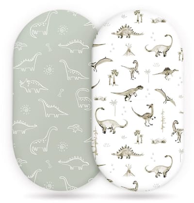 Hydrofiele Baby Hoeslaken Wieg - Hoes voor babymatras - set van 2 - 82x41 cm - mousseline wieglaken - wieghoes - kinderwagen matrashoes - groene dinosaurussen + witte dinosaurussen, 82 * 41cm