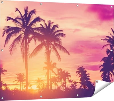 Gards Tuinposter Tropische Palmbomen met Zonsondergang - 120x90 cm - Tuindoek - Tuindecoratie - Wanddecoratie buiten - Tuinschilderij