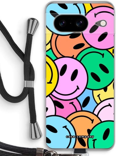 Case Company® - Hoesje met koord geschikt voor Google Pixel 8 hoesje met Koord - Smiley N°1 - Telefoonhoesje met Zwart Koord - Bescherming aan alle Kanten en Over de Schermrand