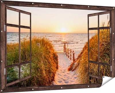 Gards Tuinposter Doorkijk Voetpad in de Duinen met Zonsondergang - 180x120 cm - Tuindoek - Tuindecoratie - Wanddecoratie buiten - Tuinschilderij
