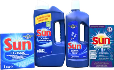 Sun vaatwasmiddelen set - 1kg vaatwaszout - vaatwaspoeder 1,36kg - glansspoelmiddel 750ML - vaatwasreiniger