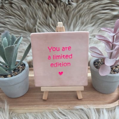 Robuust Wenstegeltje – You Are a Limited Edition – Hip trendy tegeltje – Uniek Cadeau voor Vriendin, Zus of Collega – Stoer & Stijlvol Woonaccessoire - Zomaar - Afscheid - Pensioen – Trendy nu – Decoratief Tegeltje met Standaard – Cadeau Idee