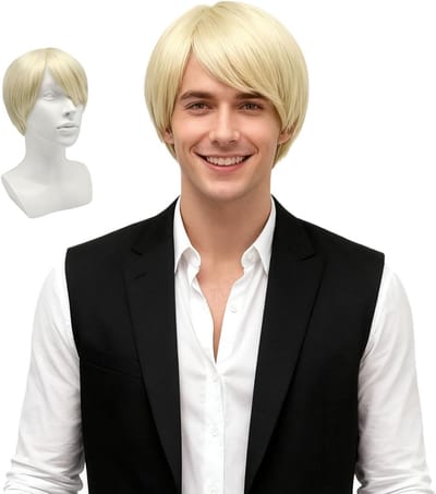 Korte Blonde Perücke voor Mannen, Gelaagd Haar met Zijdeel en Pony voor Halloween, Cosplay en Feestkleding Accessoire
