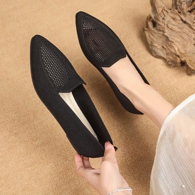 Lente en Herfst Nieuwe Bovenkleding Effen Kleur Ondiepe Puntige Neus Schoenen Dames Gebreide Comfort Platte Schoenen Dames 43 black
