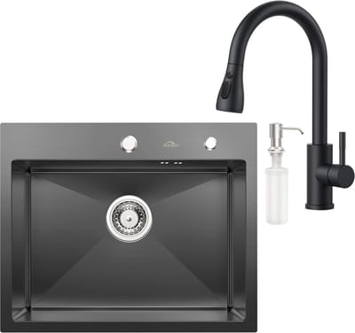 CECIPA max Spoelbak Keuken 55x45cm - Spoelbak Met Kraangat – Spoelbak Keuken Met Keukenkraan met Uittrekbare Uitloop - Spoelbakken Keuken – Spoelbak met Afdruipgedeelte - Antraciet