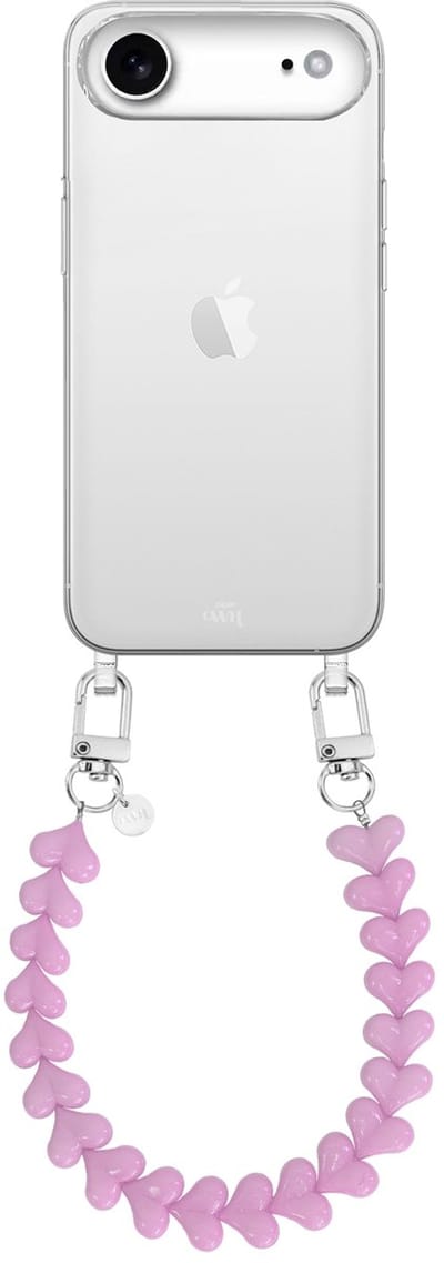 xoxo Wildhearts siliconen hoesje - Geschikt voor iPhone 17 Air hoesje - Funky Hearts - Telefoonhoesje - Hoesje met koord - Roze koord - kort telefoonkoord - Hartjes ketting - Transparant hoesje