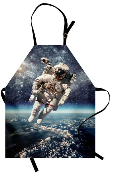 ABAKUHAUS Galaxis-kookschort: Astronaut zweeft in de ruimte boven de aarde-wereldbol, surrealistische beelden van de zwaartekracht, ruimtekunst; kleurvast, in hoogte verstelbaar, wasbaar, heldere digitale druk, grijs-blauw
