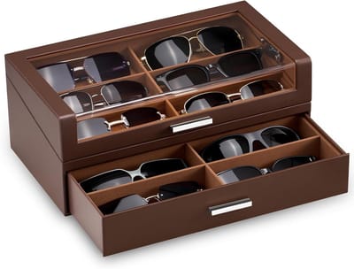 Zonnebril Organizer - Brillen Display - Collectie Tonen - Doorzichtig Venster - 12 Sleuven - Espresso