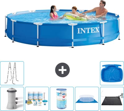 Intex Rond Frame Zwembad - 366 x 76 cm - Blauw - Inclusief Pomp - Onderhoudspakket - Filter - Grondzeil - Solar Mat - Ladder - Voetenbad - 8-delig