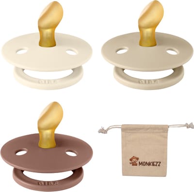 Bibs Dental fopspenen Anatomical 0-6 maanden- Set 3 stuks- Ivory, Vanilla, Woodchuck - + Monkiezz speenzakje - orthodontisch- Anatomisch- Maat 1
