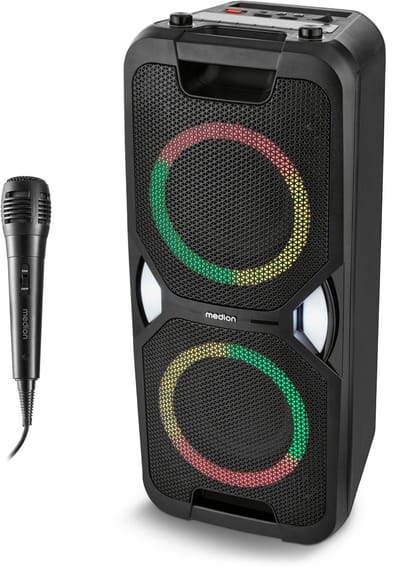 MEDION PE-1 Pure Partybox (accu, met microfoon, grote draagbare Bluetooth-luidspreker, muziekbox met lichteffecten, partyluidspreker met karaoke, 2 microfoonaansluitingen, AUX, USB, radio), MD400000