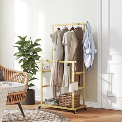 Wishdor - Kledingrek Met Wielen En Schoenrek - 3-In-1 - Natuurlijk Design - Voor Slaapkamer Of Hal - Bamboe - Naturel - 80 X 40 X 160 Cm