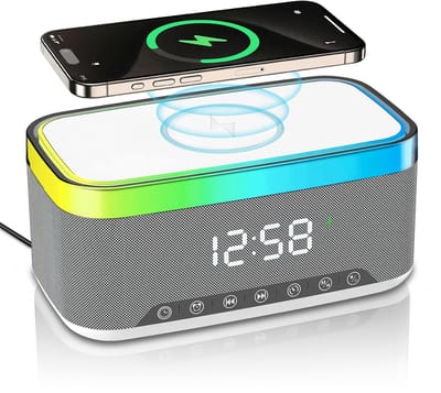 Namajunas - 5-in-1 Wireless LED Speaker - Draadloos - Bluetooth Speaker - 6 Ambient-lampen - Digitale klok, LED-display - Draadloze Muziek Box - Draadloze Oplader - Wireless charger - GSM Lader - voor iPhone/Android/iPad/Samsung - Cadeau