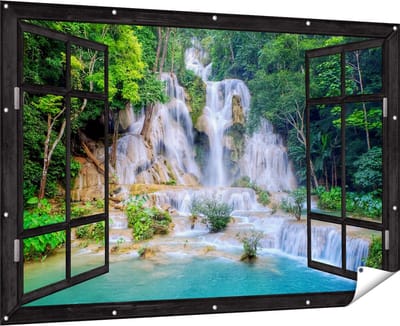 Gards Tuinposter Doorkijk Waterval in het Tropische Natuur - 180x120 cm - Tuindoek - Tuindecoratie - Wanddecoratie buiten - Tuinschilderij