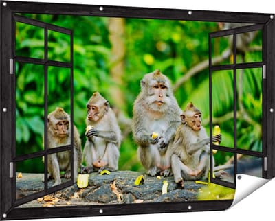 Gards Tuinposter Doorkijk Groep Apen Eten Bananen in het Bos - 150x100 cm - Tuindoek - Tuindecoratie - Wanddecoratie buiten - Tuinschilderij