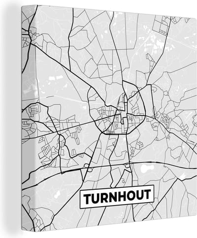 Canvas Schilderij Kaart – Plattegrond – Stadskaart – Turnhout – België – Zwart Wit - 20x20 cm - Wanddecoratie