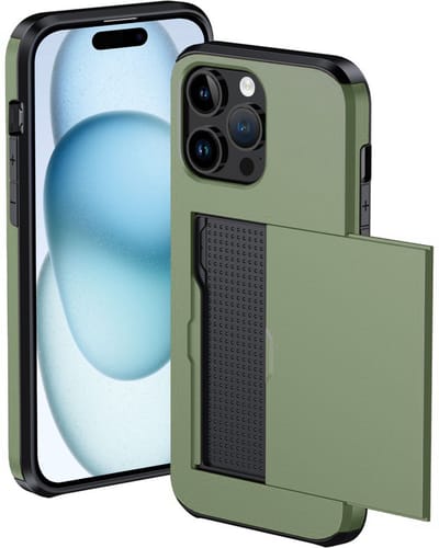 Hoesje Geschikt voor iPhone 15 Pro Hoesje Met Pasjeshouder Hard Case Met Kaarthouder - Hoes Geschikt voor iPhone 15 Pro Hoesje Pashouder Case - Donkergroen