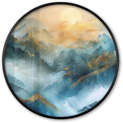 Poster in lijst Rond - Fotolijst 60x60 cm - Posters - Abstract - Landschap - Bergen - Blauw - Modern - Ronde posterlijst zwart - Decoratie - Wanddecoratie woonkamer - Muurdecoratie slaapkamer